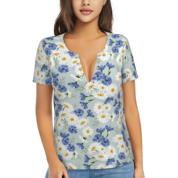 Uemuo Daisies Flowers Drawing Women's Deep V-Neck Low Cut Tops - Casual Loose Fit with Stainless Steel Loop, Soft, Breathable, Perfect for Office, Travel, and Daily Wear-X-Large