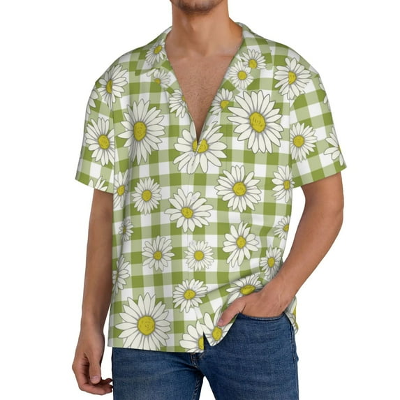 Uemuo Daisies Flowers Pattern Cotton Linen Short Sleeve Shirts,Casual Lightweight Button Down Shirts,Vacation Beach Summer Tops-4X-Large