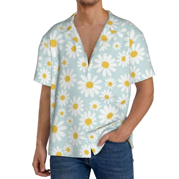 Uemuo Daisies Flowers Pattern Cotton Linen Short Sleeve Shirts,Casual Lightweight Button Down Shirts,Vacation Beach Summer Tops-4X-Large