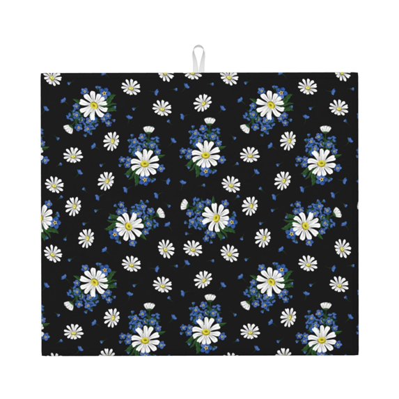 Uemuo Daisies Flowers Pattern Dish Drying Mat,16*18 inch Absorbent Dish Drainer Kitchen Counter,Large Size Dish Drying Pad for Countertops,Sinks,Draining Racks