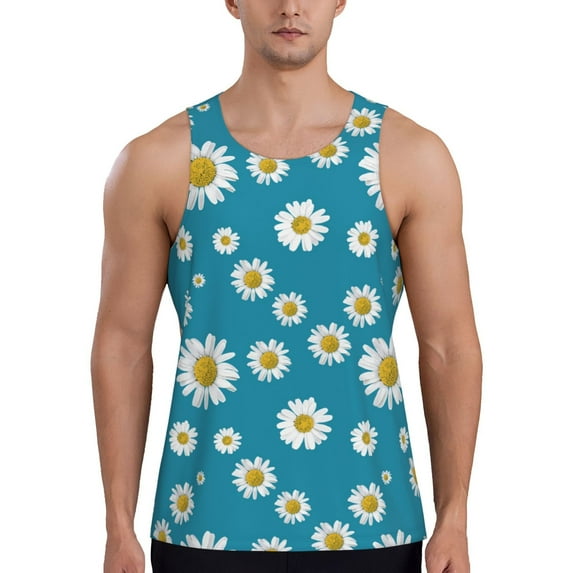 Uemuo Daisies Flowers Pattern Men's Muscle Shirts Sleeveless Dry Fit Gym Workout Tank Top Lightweight Sports Tank Top Beach Tank Top, Loose-fit Sleeveless Shirt-3X-Large