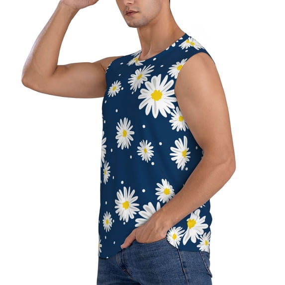 Uemuo Daisies Flowers Pattern Men's Sleeveless T-Shirt,Muscle Athletic Tank Top, Moisture-wicking Quick-dry Breathable Classic Tee Top for Gym Run Outdoor Sports-3X-Large