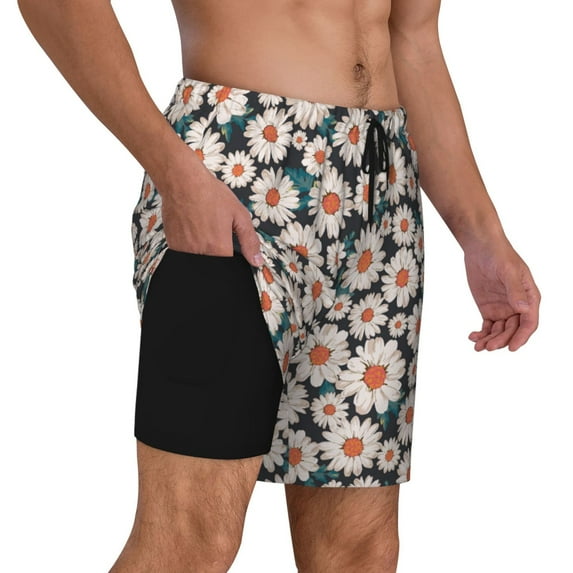 Uemuo Daisies Flowers Pattern Mens Swim Trunks Quick Dry Board Shorts with Mesh Lining, Stretch Beach Shorts Quick Dry No-Chafing Board Shorts-X-Large