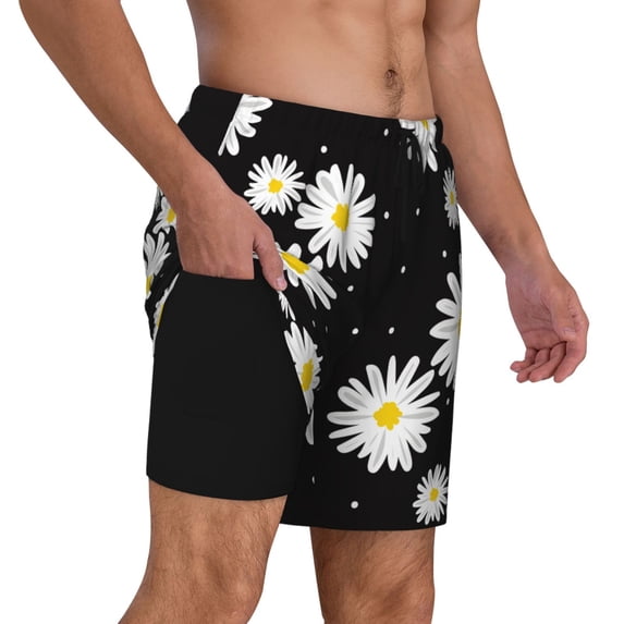 Uemuo Daisies Flowers Pattern Mens Swim Trunks Quick Dry Board Shorts with Mesh Lining, Stretch Beach Shorts Quick Dry No-Chafing Board Shorts-Large