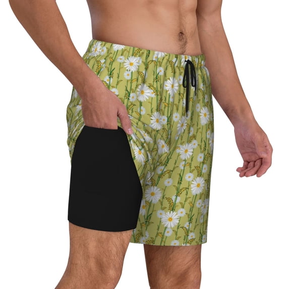 Uemuo Daisies Flowers Pattern Mens Swim Trunks Quick Dry Board Shorts with Mesh Lining, Stretch Beach Shorts Quick Dry No-Chafing Board Shorts-