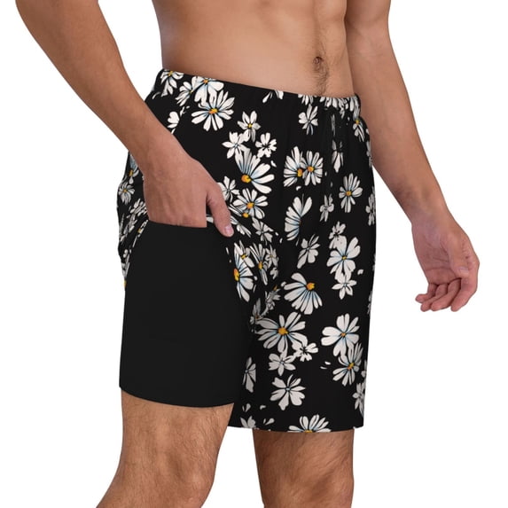 Uemuo Daisies Flowers Pattern Mens Swim Trunks Quick Dry Board Shorts with Mesh Lining, Stretch Beach Shorts Quick Dry No-Chafing Board Shorts-Small