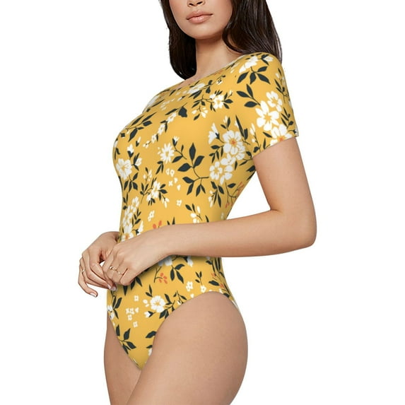 Uemuo Daisies Flowers Pattern Women's One Piece Short Sleeve Swimsuit Rash Guard Surfing Modest Quick-drying Swimsuit Beach Essentials-Large