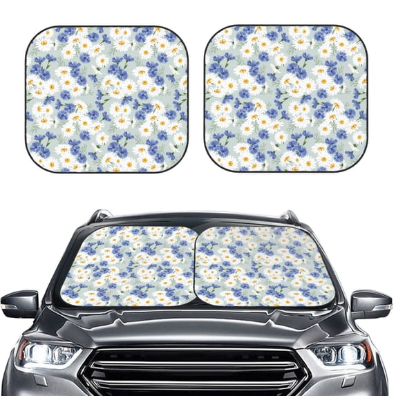 Uemuo Daisies Flowers Printed 2 PCS Car Windshield Sun Shade, Auto Sun Heat and UV Rays Blocker, Foldable Automotive Front Window Sunshade Protector