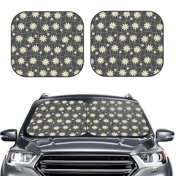 Uemuo Daisies Flowers Printed 2 PCS Car Windshield Sun Shade, Auto Sun Heat and UV Rays Blocker, Foldable Automotive Front Window Sunshade Protector