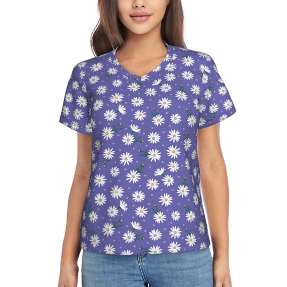 Uemuo Daisies Flowers Printed Women's Classic V-Neck T-Shirt - Soft, Breathable, Moisture-Wicking, Perfect for Casual, Office, Travel, and Everyday Wear-3X-Large