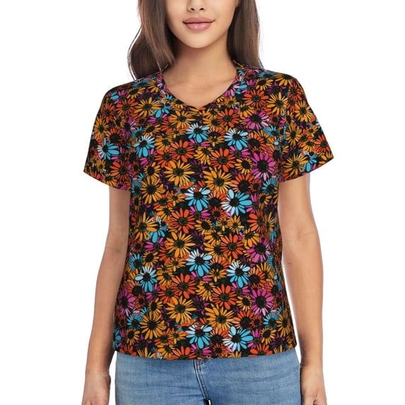 Uemuo Daisies Flowers Printed Women's Classic V-Neck T-Shirt - Soft, Breathable, Moisture-Wicking, Perfect for Casual, Office, Travel, and Everyday Wear-3X-Large