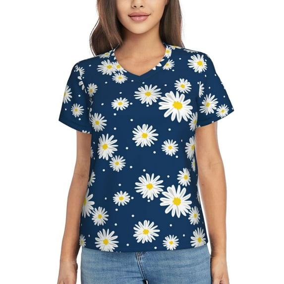 Uemuo Daisies Flowers Printed Women's Classic V-Neck T-Shirt - Soft, Breathable, Moisture-Wicking, Perfect for Casual, Office, Travel, and Everyday Wear-Medium
