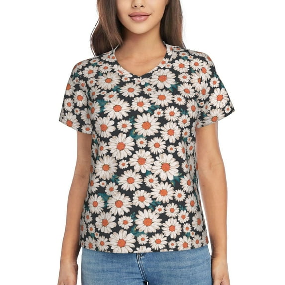 Uemuo Daisies Flowers Printed Women's Classic V-Neck T-Shirt - Soft, Breathable, Moisture-Wicking, Perfect for Casual, Office, Travel, and Everyday Wear-X-Large