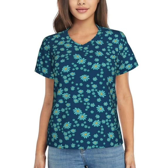 Uemuo Daisies Flowers Printed Women's Classic V-Neck T-Shirt - Soft, Breathable, Moisture-Wicking, Perfect for Casual, Office, Travel, and Everyday Wear-XX-Large
