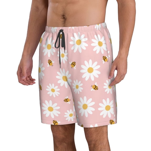 Uemuo Daisy And Bee Pattern Men's Swim Trunks Hawaiian Beach Bathing Suit Swimsuits Beach Quick-Dry Shorts with Pockets-Small