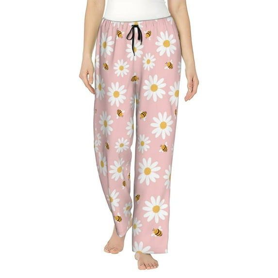 Uemuo Daisy And Bee Pattern Women's Wide Leg Palazzo Lounge Pants with Pockets Light Weight Loose Comfy Casual Pajama Pants-Medium