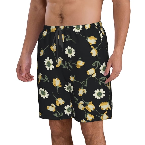 Uemuo Daisy Pattern Men's Swim Trunks Hawaiian Beach Bathing Suit Swimsuits Beach Quick-Dry Shorts with Pockets-XX-Large
