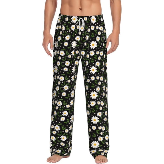 Uemuo Daisy Pattern Men's Wide Leg Palazzo Lounge Pants with Pockets Light Weight Loose Comfy Casual Pajama Pants-Large