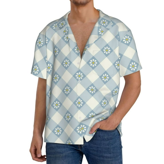 Uemuo Daisy Plaid Blue Pattern Cotton Linen Short Sleeve Shirts,Casual Lightweight Button Down Shirts,Vacation Beach Summer Tops-