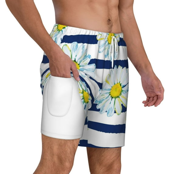 Uemuo Daisy Striped Nautical Pattern Mens Swim Trunks Quick Dry Board Shorts with Mesh Lining, Stretch Beach Shorts Quick Dry No-Chafing Board Shorts-Small
