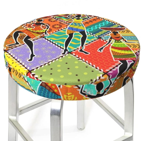 Uemuo Dancing African Womans Pattern Round Bar Stool Seat Covers Washable Stool Cushion Slipcover Elastic Bar Chair Covers-12 inch
