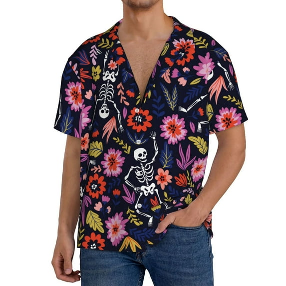 Uemuo Dancing Skeletons Floral Garden Pattern Cotton Linen Short Sleeve Shirts,Casual Lightweight Button Down Shirts,Vacation Beach Summer Tops-X-Large