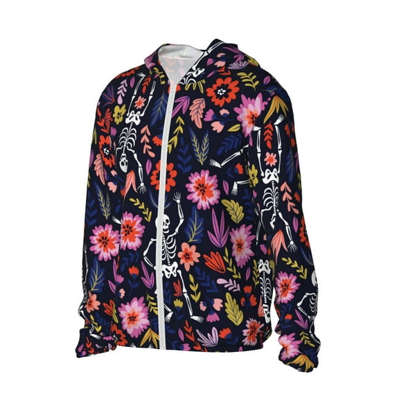 Uemuo Dancing Skeletons Floral Garden Pattern Women's Full Zip UPF 50+ Sun Protection Hoodie Jacket Long Sleeve Sun Shirt Hiking Outdoor Performance with Pockets-
