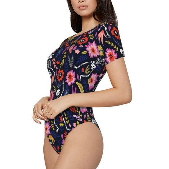 Uemuo Dancing Skeletons Floral Garden Pattern Women's One Piece Short Sleeve Swimsuit Rash Guard Surfing Modest Quick-drying Swimsuit Beach Essentials-XX-Large