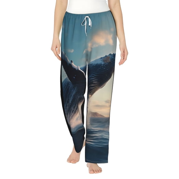 Uemuo Dancing Whale Pattern Women's Wide Leg Palazzo Lounge Pants with Pockets Light Weight Loose Comfy Casual Pajama Pants-Medium
