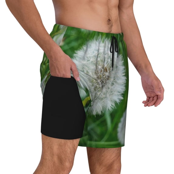 Uemuo Dandelion Flower In The Meadow Pattern Mens Swim Trunks Quick Dry Board Shorts with Mesh Lining, Stretch Beach Shorts Quick Dry No-Chafing Board Shorts-Small