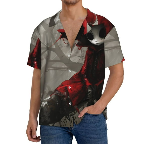 Uemuo Dark Red Hooded Girl Pattern Cotton Linen Short Sleeve Shirts,Casual Lightweight Button Down Shirts,Vacation Beach Summer Tops-Small