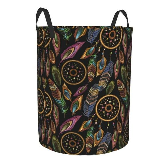 Uemuo Decorative Feathers Pattern Circular Laundry Hamper Basket with handles,Collapsible laundry basket,Large capacity laundry hamper,Laundry Organizer-Small