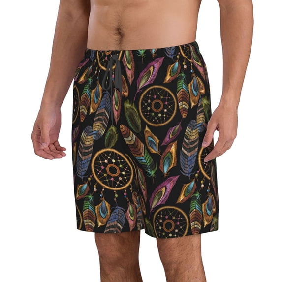 Uemuo Decorative Feathers Pattern Men's Swim Trunks Hawaiian Beach Bathing Suit Swimsuits Beach Quick-Dry Shorts with Pockets-X-Large