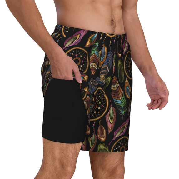 Uemuo Decorative Feathers Pattern Mens Swim Trunks Quick Dry Board Shorts with Mesh Lining, Stretch Beach Shorts Quick Dry No-Chafing Board Shorts-X-Large