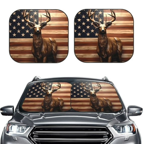 Uemuo Deer American Flag Vintage Printed 2 PCS Car Windshield Sun Shade, Auto Sun Heat and UV Rays Blocker, Foldable Automotive Front Window Sunshade Protector