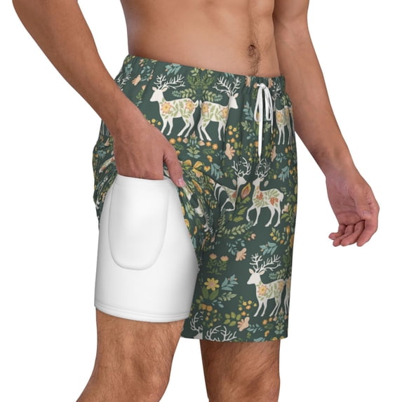 Uemuo Deer And Flowers Pattern Mens Swim Trunks Quick Dry Board Shorts with Mesh Lining, Stretch Beach Shorts Quick Dry No-Chafing Board Shorts-XX-Large