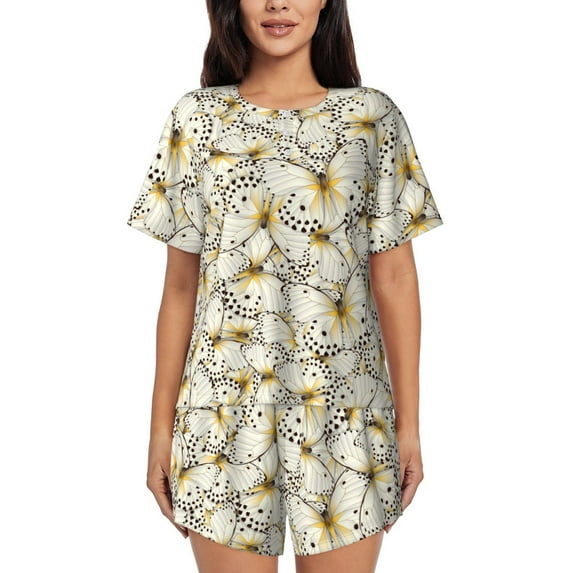 Uemuo Different Butterflys Pattern Women's Short-Sleeved Pajama, Button-Front Loungewear, 2-Piece Summer Sleepwear, Elastic Drawstring Shorts-Medium