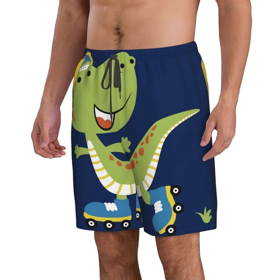 Uemuo Dino Playing Roller Skate Pattern Men's Swim Trunks Hawaiian Beach Bathing Suit Swimsuits Beach Quick-Dry Shorts with Pockets-XX-Large