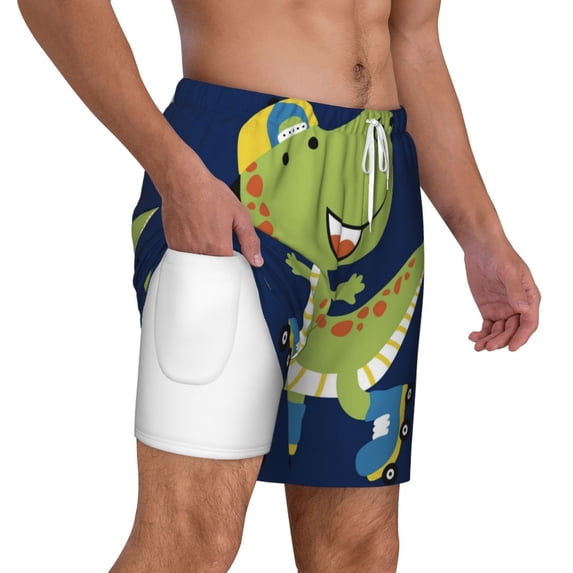 Uemuo Dino Playing Roller Skate Pattern Mens Swim Trunks Quick Dry Board Shorts with Mesh Lining, Stretch Beach Shorts Quick Dry No-Chafing Board Shorts-Small