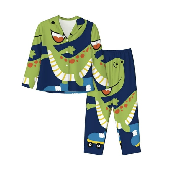 Uemuo Dino Playing Roller Skate Pattern Womens Pajama Sets,PJ Set for Women,Pajamas for Women Logo,Long Sleeve Pajama Set for Women,Soft Long Sleeve Top With Pants-