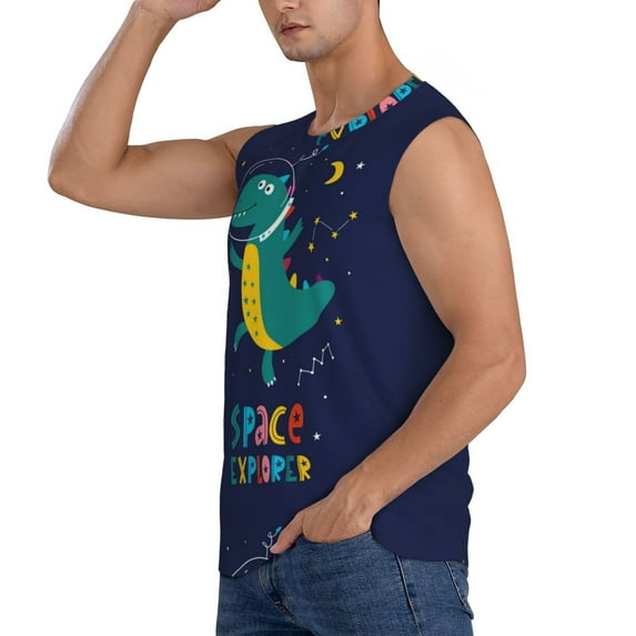 Uemuo Dinosau Space Explorer Pattern Men's Sleeveless T-Shirt,Muscle Athletic Tank Top, Moisture-wicking Quick-dry Breathable Classic Tee Top for Gym Run Outdoor Sports-Medium