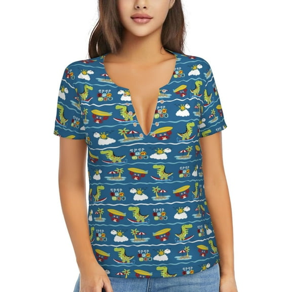 Uemuo Dinosaur on the Beach Vacation Drawing Women's Deep V-Neck Low Cut Tops - Casual Loose Fit with Stainless Steel Loop, Soft, Breathable, Perfect for Office, Travel, and Daily Wear-XX-Large