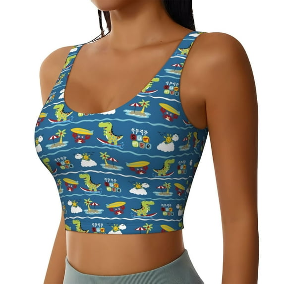Uemuo Dinosaur on the Beach Vacation Pattern Women's Sports Bra - High Impact Support, Breathable, and Comfortable Athletic Bra for Running, Yoga, and Workouts