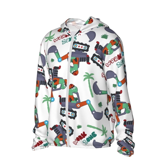 Uemuo Dinosaur on Excavator2 Pattern Women's Full Zip UPF 50+ Sun Protection Hoodie Jacket Long Sleeve Sun Shirt Hiking Outdoor Performance with Pockets-Small