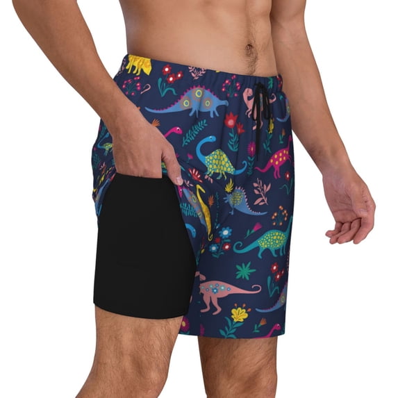 Uemuo Dinosaur Flowers Pattern Mens Swim Trunks Quick Dry Board Shorts with Mesh Lining, Stretch Beach Shorts Quick Dry No-Chafing Board Shorts-X-Large