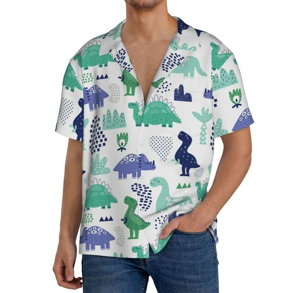 Uemuo Dinosaur Pattern Cotton Linen Short Sleeve Shirts,Casual Lightweight Button Down Shirts,Vacation Beach Summer Tops-4X-Large