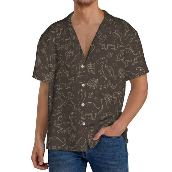 Uemuo Dinosaur Pattern Cotton Linen Short Sleeve Shirts,Casual Lightweight Button Down Shirts,Vacation Beach Summer Tops-Medium