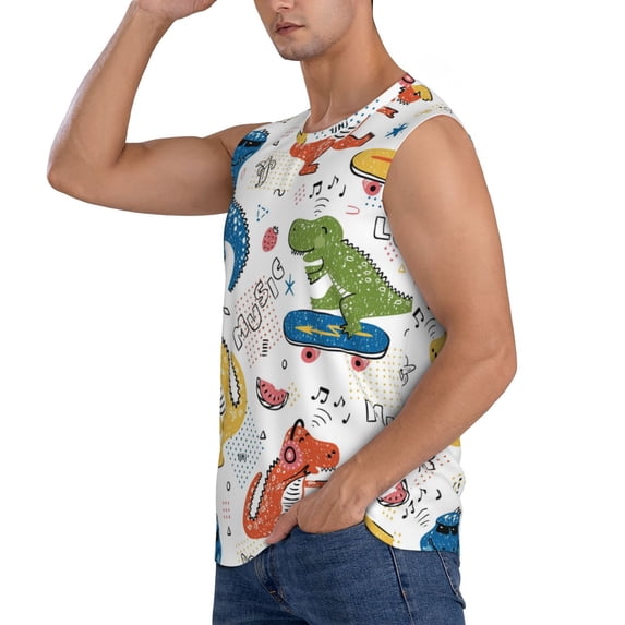 Uemuo Dinosaur Pattern Men's Sleeveless T-Shirt,Muscle Athletic Tank Top, Moisture-wicking Quick-dry Breathable Classic Tee Top for Gym Run Outdoor Sports-Large