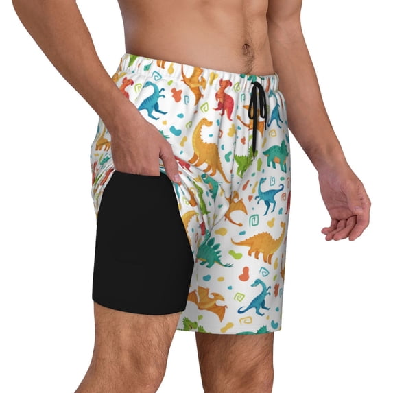 Uemuo Dinosaur Pattern Mens Swim Trunks Quick Dry Board Shorts with Mesh Lining, Stretch Beach Shorts Quick Dry No-Chafing Board Shorts-3X-Large