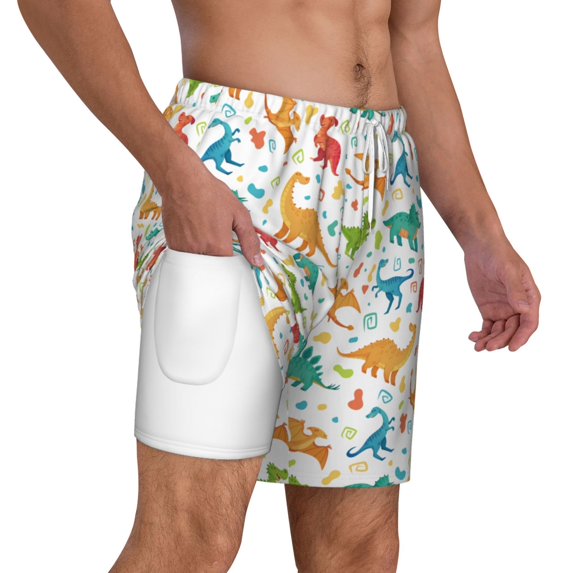 Uemuo Dinosaur Pattern Mens Swim Trunks Quick Dry Board Shorts with Mesh Lining, Stretch Beach Shorts Quick Dry No-Chafing Board Shorts-Small